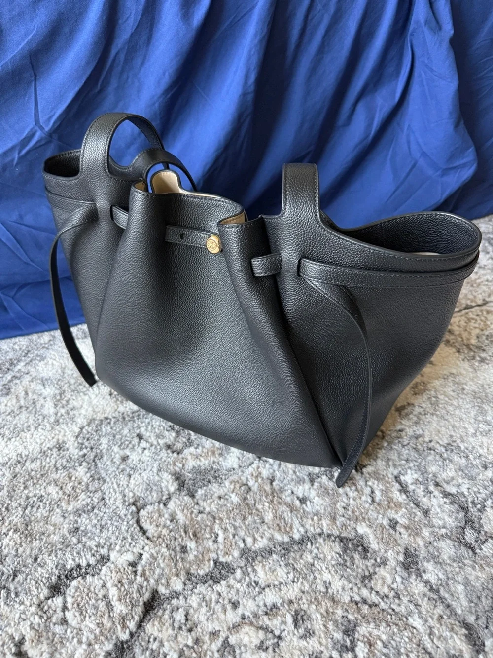 Tory Burch Romy Tote Black Leather Tote with Gold Logo Accent